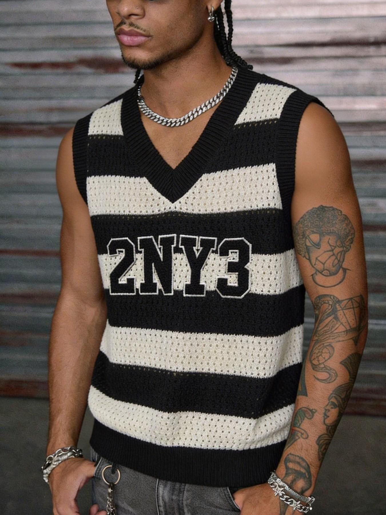 Men's 2NY3 Striped Hollow Out Knitted Vest | V-Neck Streetwear Sleeveless Top Menswear