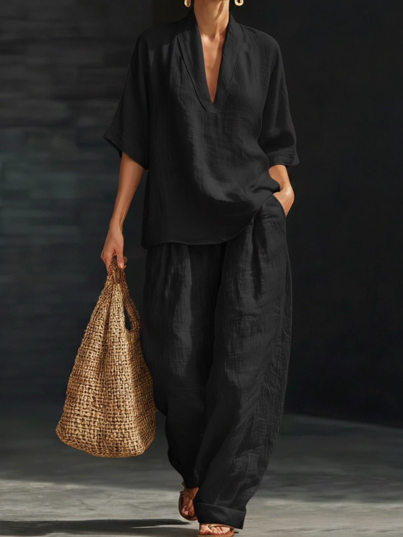 French Linen V-Neck Set for Women, Summer Loose Five-Finger Sleeve Wide Leg Pants, Lazy Style Vacation Casual Two-Piece Set Womenswear