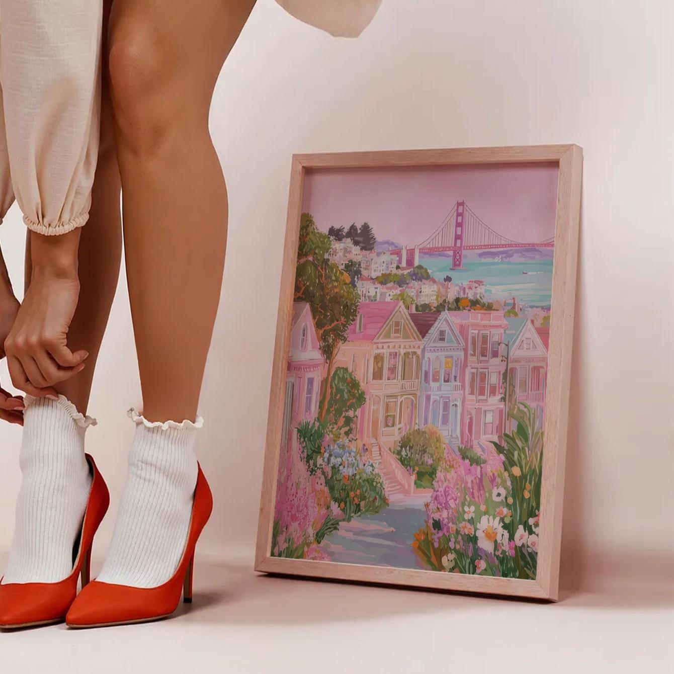 Golden Gate Bridge Wall Art Poster, Unframed Modern Decor, Travel Cityscape Print, San Francisco Lady Painting, Commercial Value