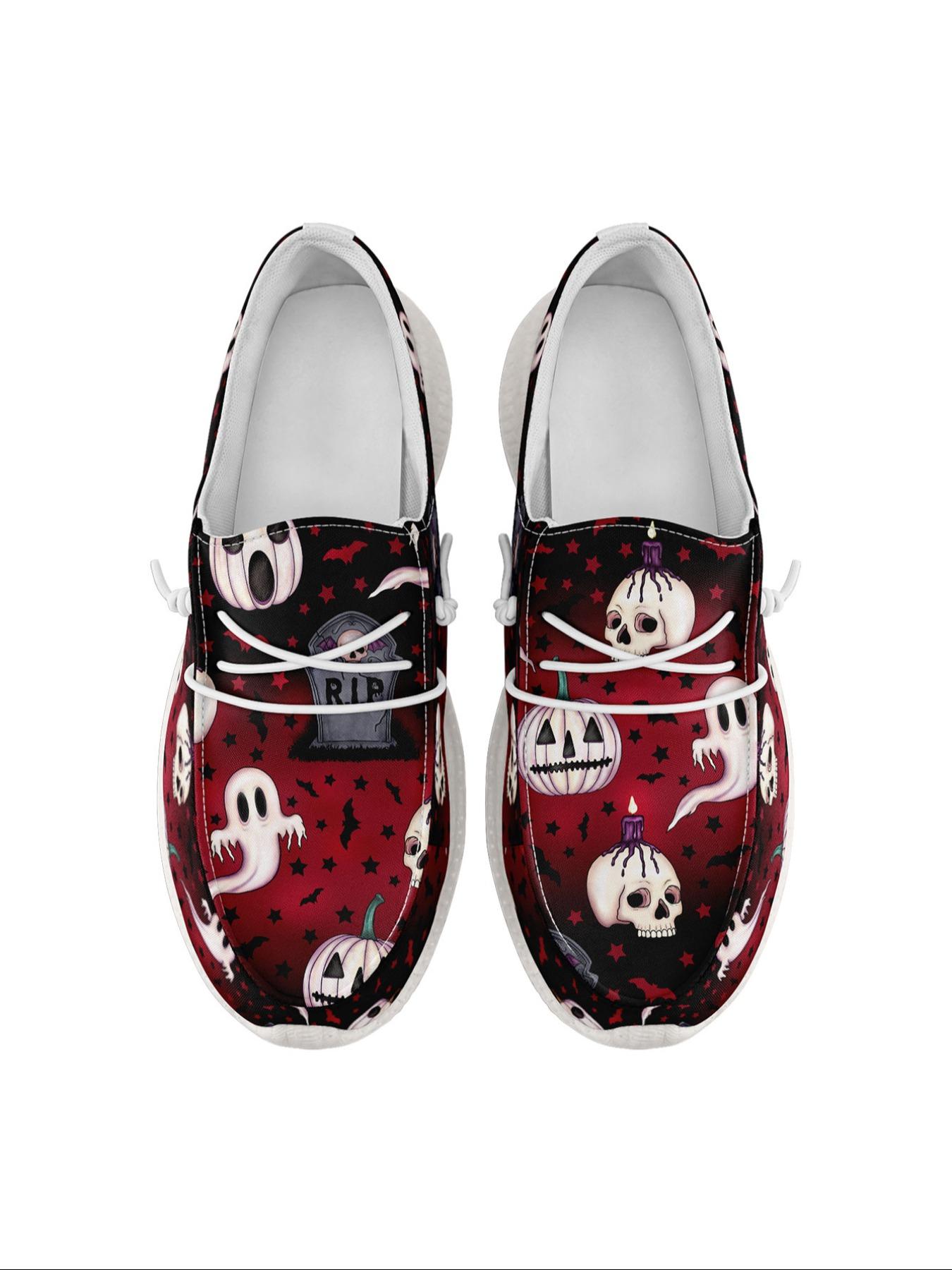 Women's Halloween Themed Ghost & Pumpkin Print Lace Up Low Top Sneakers, Casual Comfortable Breathable Sports Shoes, Fashionable All-match Sneakers for Daily Wear
