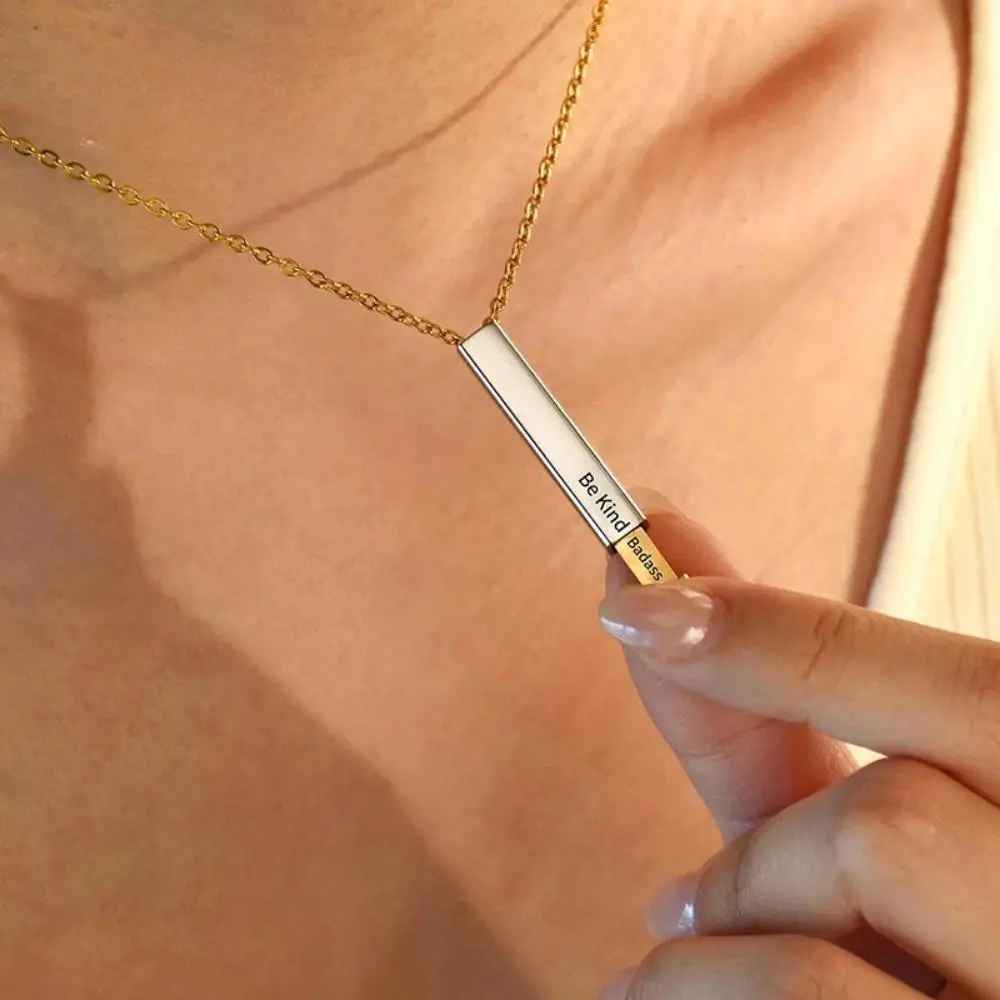 Minimalist Bar Pendant Necklace with Hidden Engraving, Women's Stainless Steel Jewelry with Inlaid Gemstone and an Adjustable Anti-Rust Chain