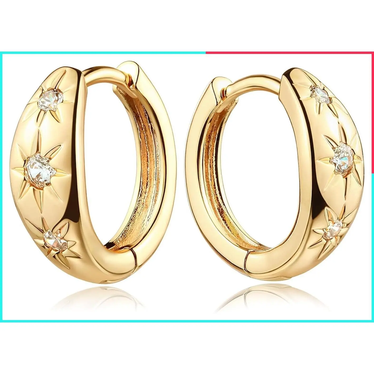 Chunky Huggie Hoop Earrings for Women, 18K Gold Plated Brass, Starburst Beaded Design with Triple or Single Cubic Zirconia Star Details, Graduated Rounded Profile, Front Stone Row