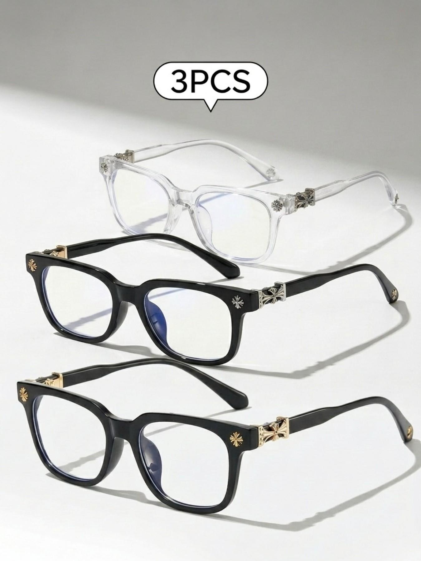 3PCS New Square Glasses, High Quality Eyewear, Unisex, Stylish Light Luxury Elegant Artsy Business Style Frames, Multiple Styles Available, Perfect Gift for Him, Suitable for Daily Wear and Decorative Photography Glasses, Square Frame Eyeglasses