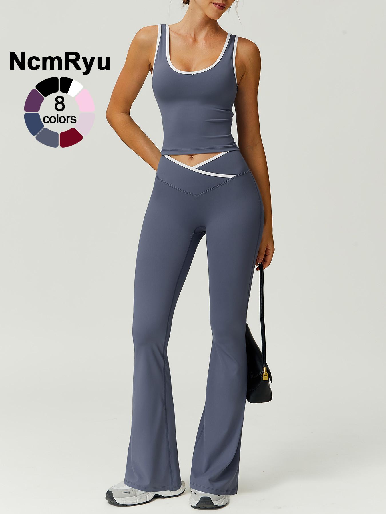 Two-Piece Set Women's Patchwork High Elastic Soft U-Neck Wide Shoulder Strap Vest Cross Waist Top Hip Flared Pants Yoga Clothes Four Seasons Running Gym sports training all-match vest, Workout Running Outfits, Activewear Set, Athleisure Sportswear Set