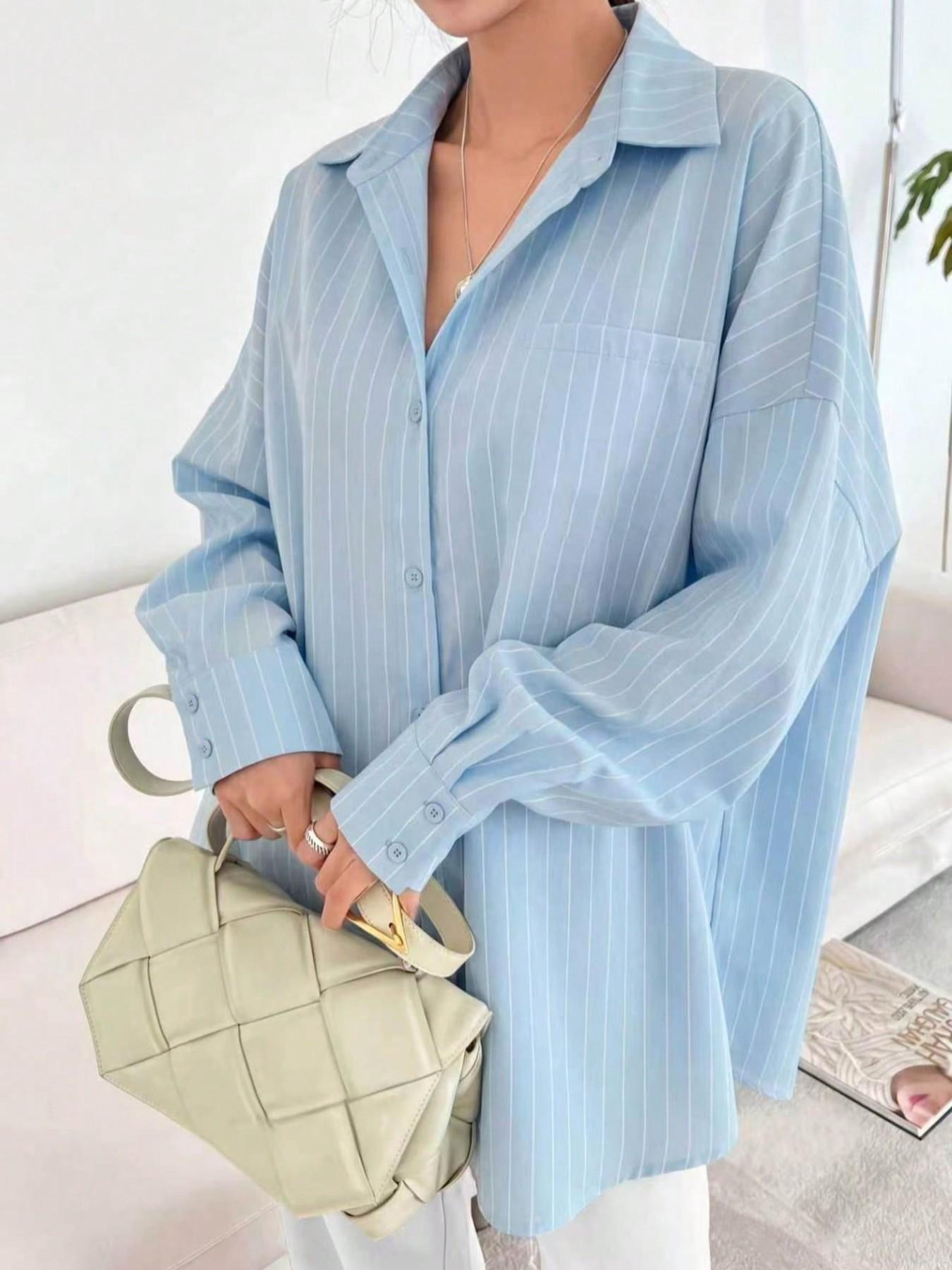 Women's Vertical Striped Drop Shoulder Long Sleeve Button Shirt, Casual Breathable Comfortable Loose Blouse, Fall Fashion Top