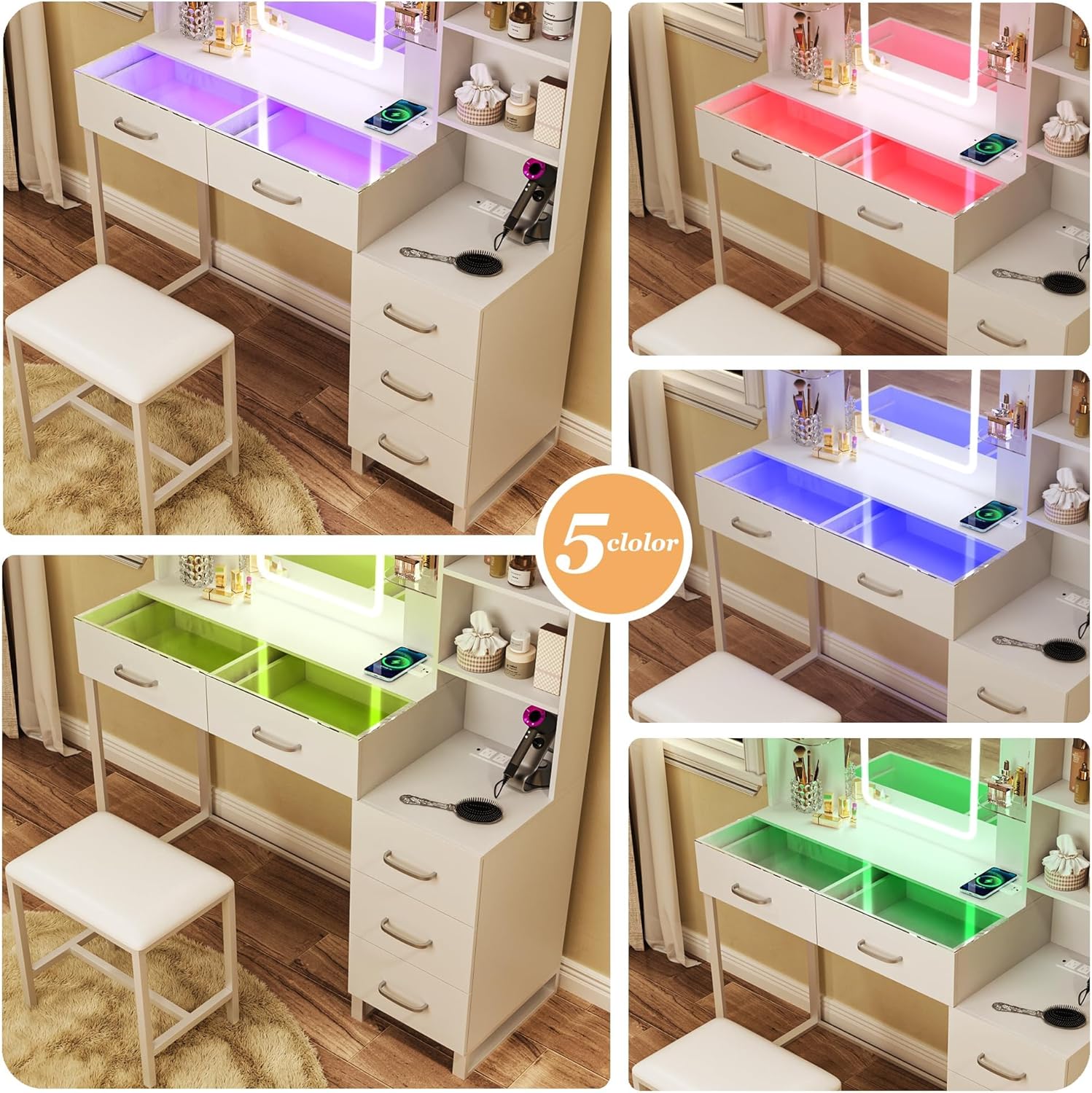 Vanity Desk with Mirror and LED Lights, 43" Makeup Vanity with Glass Top & Wireless Charging, Vanity with RGB Drawers, 3 Colors Light, Power Outlet Safety Switch for Bedroom, White