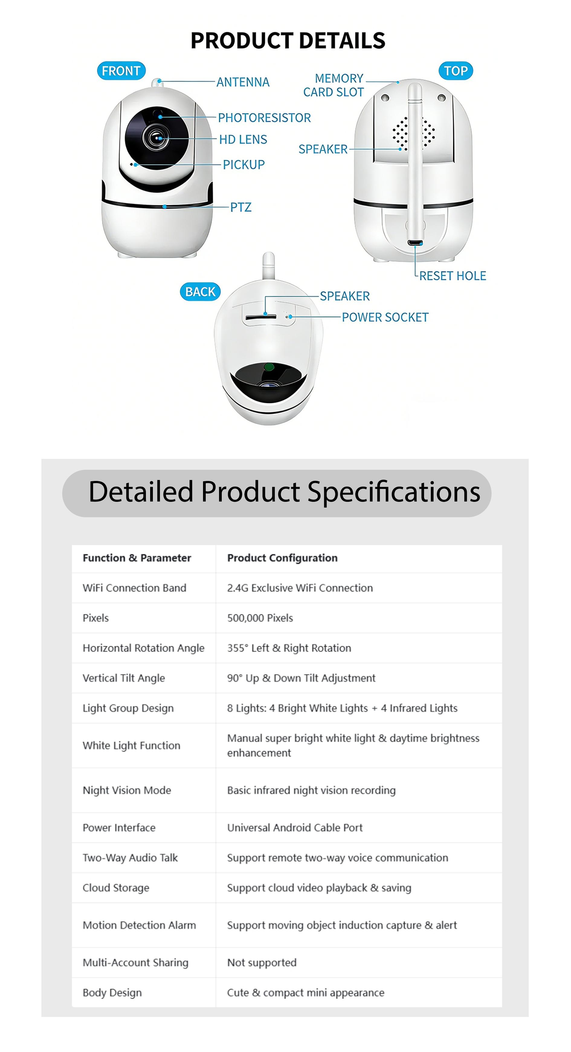 Security Camera with 355 Panoramic View 90 Vertical Tilt 2.4G WiFi Connected 8-Light Group Design Built in MIC and Speaker Two Way Voice Communication Motion Detection Alert Cloud Video Playback for Indoor Home Security Monitoring