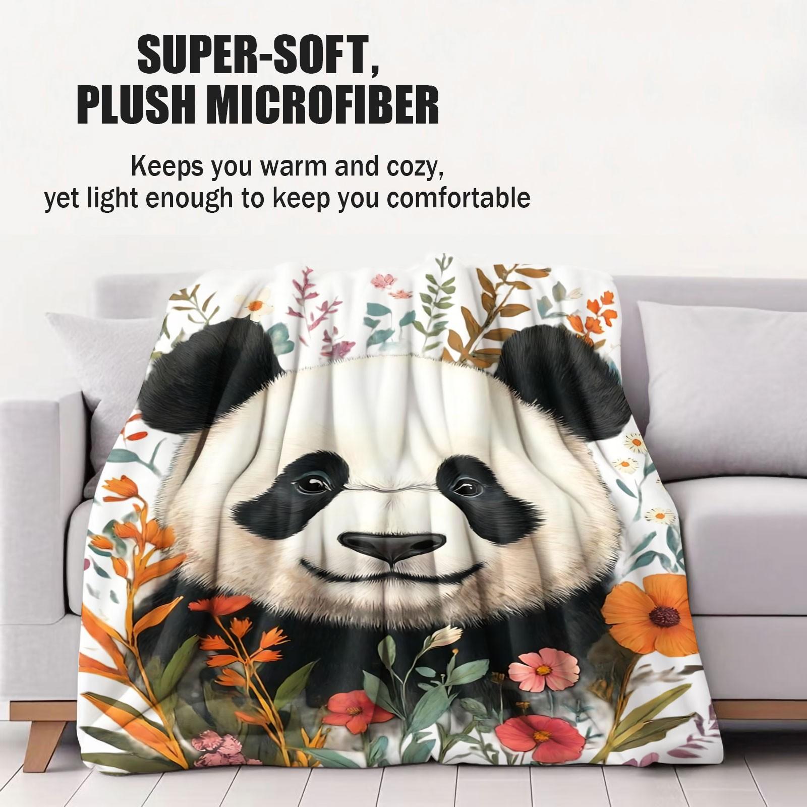 Boho Watercolor Panda Wildflower Flannel Blanket, Aesthetic Floral Animal Print Throw Blanket, Ultra Soft Cozy Warm Blanket, Stylish Gift Blanket for Panda Lovers, Couch, Bed & Home Decor