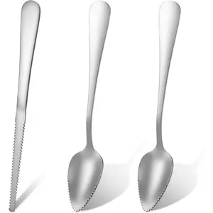 Grapefruit Spoons 3 Set, 2 Stainless Steel Grapefruit Spoons with Serrated Edge and 1 Grapefruits Knife, Kiwi Knife Fruit Knives Dessert Spoon Grapefruits Utensil Tool for Berry Lemon Salads Pitaya