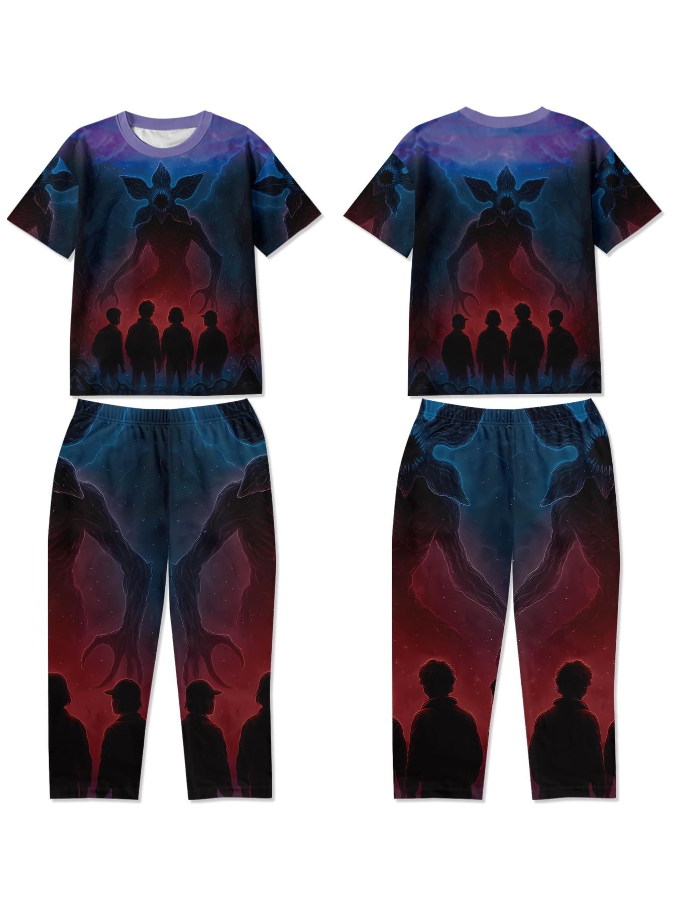 Stylish 2-piece Shadow Monster boys' short-sleeve pajama set with digital print, including an extended sleep pants. Fashionable, casual, comfortable and soft loungewear set, suitable for boys' sleep and home leisure, a perfect gift for boys.
