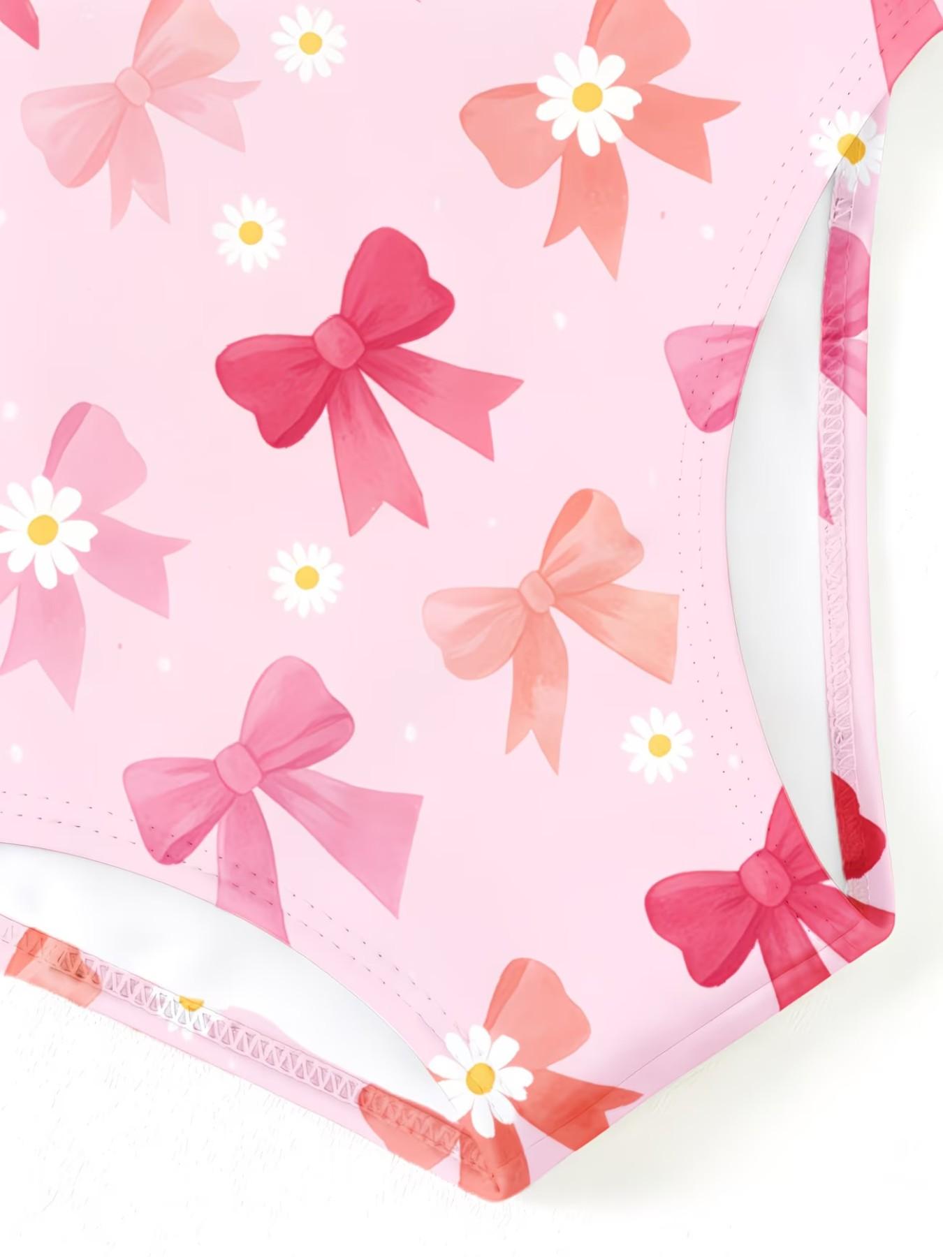 Bowknot Print Girls' Jumpsuit, Cute Cartoon Pattern, Ruffled Quick-Dry Kids Swimwear, Fashion Swimsuit for Beach Parties