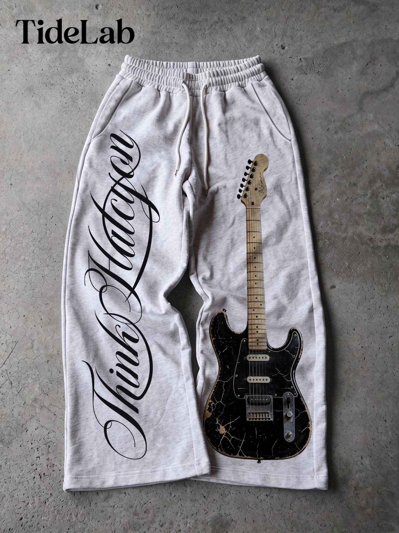 Unisex Vintage Electric Guitar Print Comfy Loose-Fit Classic Relaxed Fit Casual Pants, Classic Streetwear Style, Ideal for Daily Wear and Music Festivals