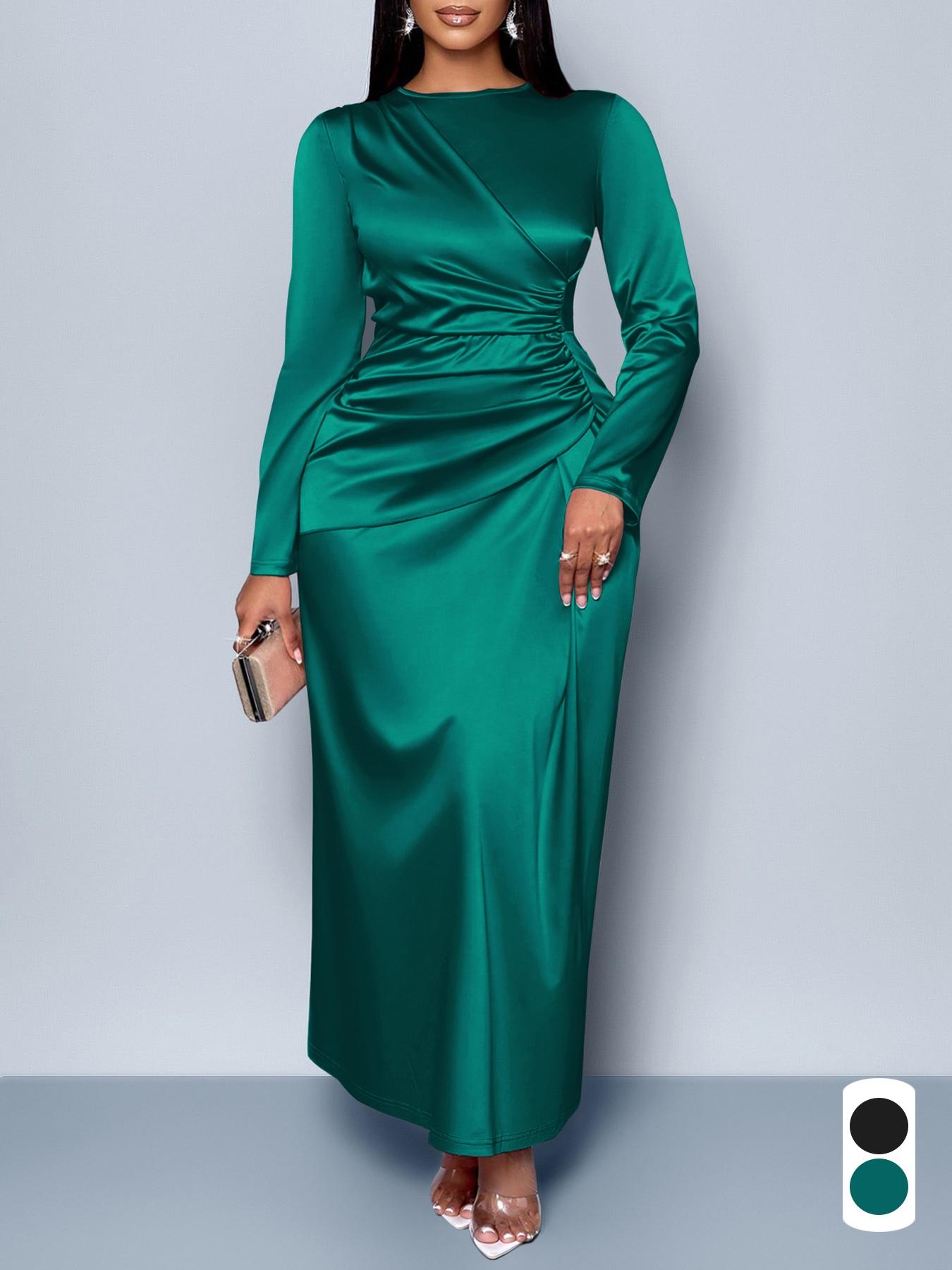 Plus-size Christmas Women's Vlothing Women's Elegant Plain Satin Dress, Round Neck Long Sleeve Bodycon High Waist Maxi Gown, Fall Fashion Plus Size Evening Wear