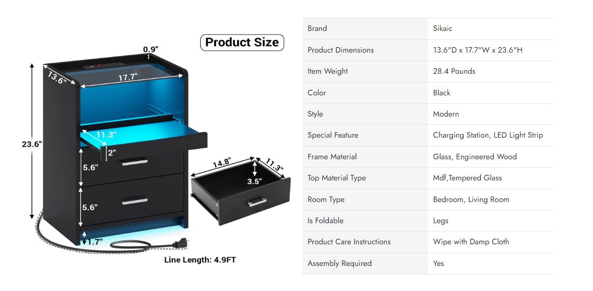 SIKAIC Modern LED Bedside Table with Charging Station, Drawers, and Storage, Indoor-Use Nightstand Cabinet, Bedroom Accessories, Modern Bedside Table