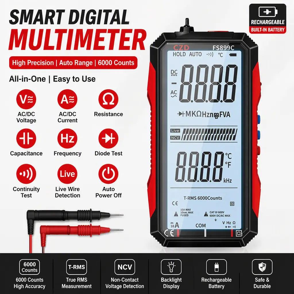 High‑Precision Rechargeable Digital Multimeter, Full‑Screen Auto‑Range Multi‑Meter, NCV Non‑Contact Voltage Detect Multi‑Function Electrician Test Meter