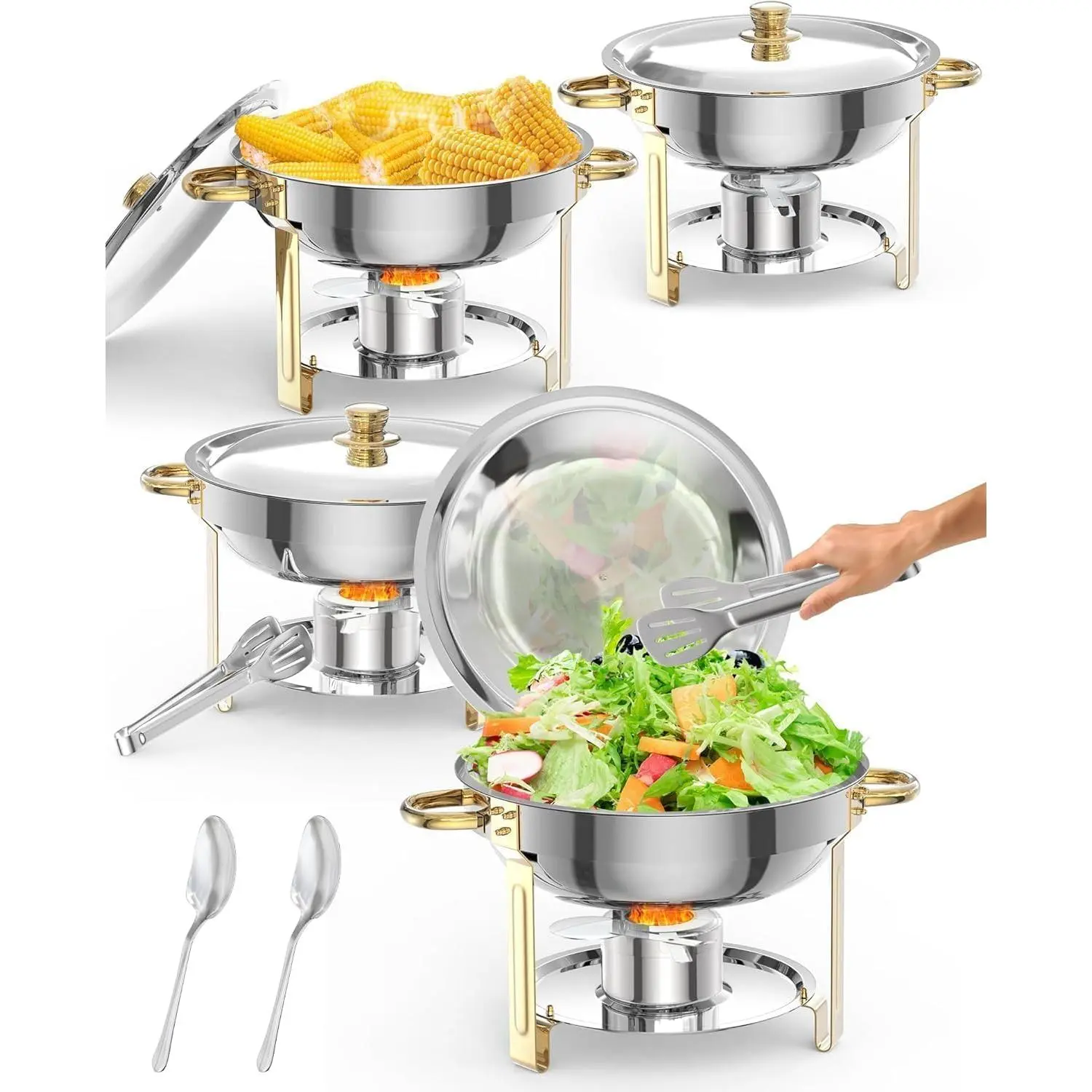 Commercial Sturdy 4-Pack 5QT Gold Round Stainless Steel Chafing Dish Buffet Set with Handles, Stackable Pans, Lid Holder, Serving Spoons & Tweezers - Food Warmer for Professional Catering, Weddings, Parties