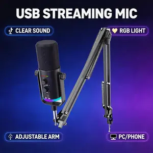 Gaming USB Condenser Microphone Kit for PC/PS4/PS5 with Boom Arm, Pop Filter, RGB Indicator, One-Key Mute, Volume Control Dedicated for Live Streaming and Podcasting, Available in Black and White