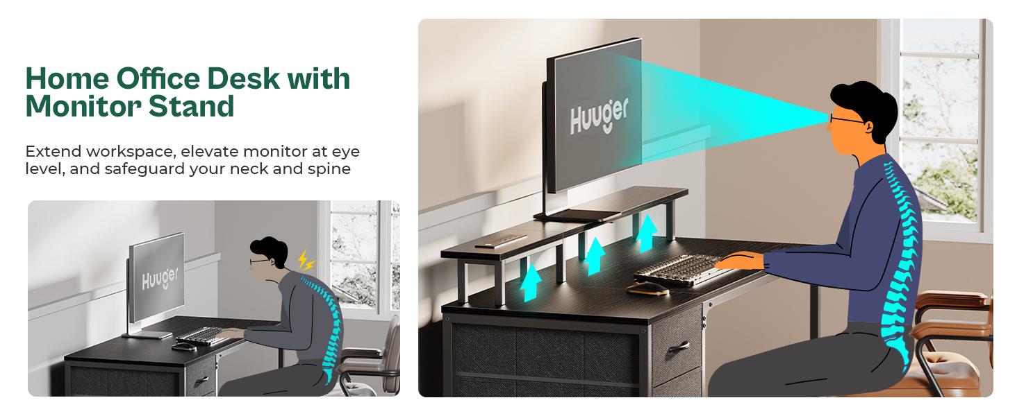 Huuger Computer Desk with Power Outlets and LED Lights, Gaming Desk with 4 Drawers, Office Desk with Monitor Stand, USB-C Port