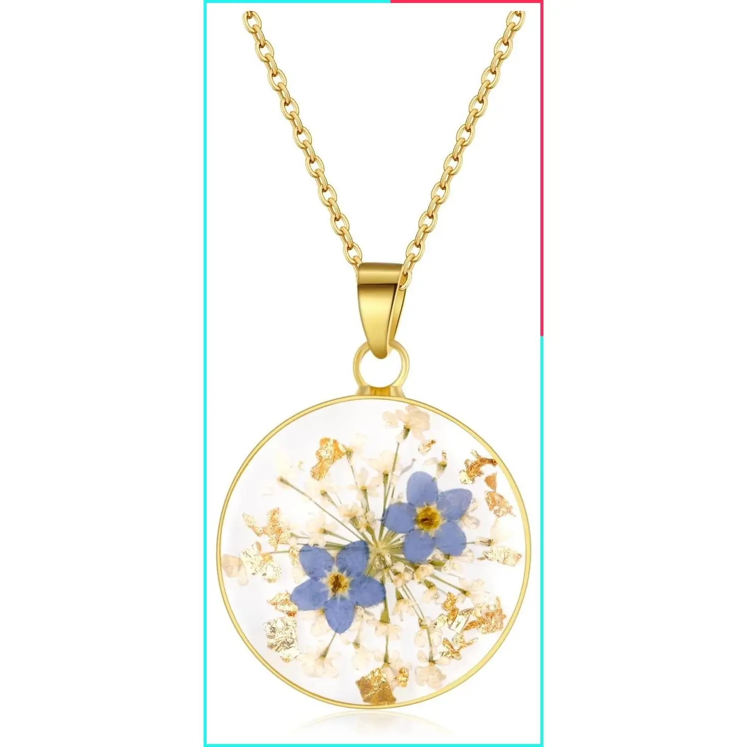 Forget-Me-Not & Queen Anne's Lace Pressed Wildflower Necklace | Birth Month Flower Jewelry | Gold/Silver | Mother's Day Gift for Her