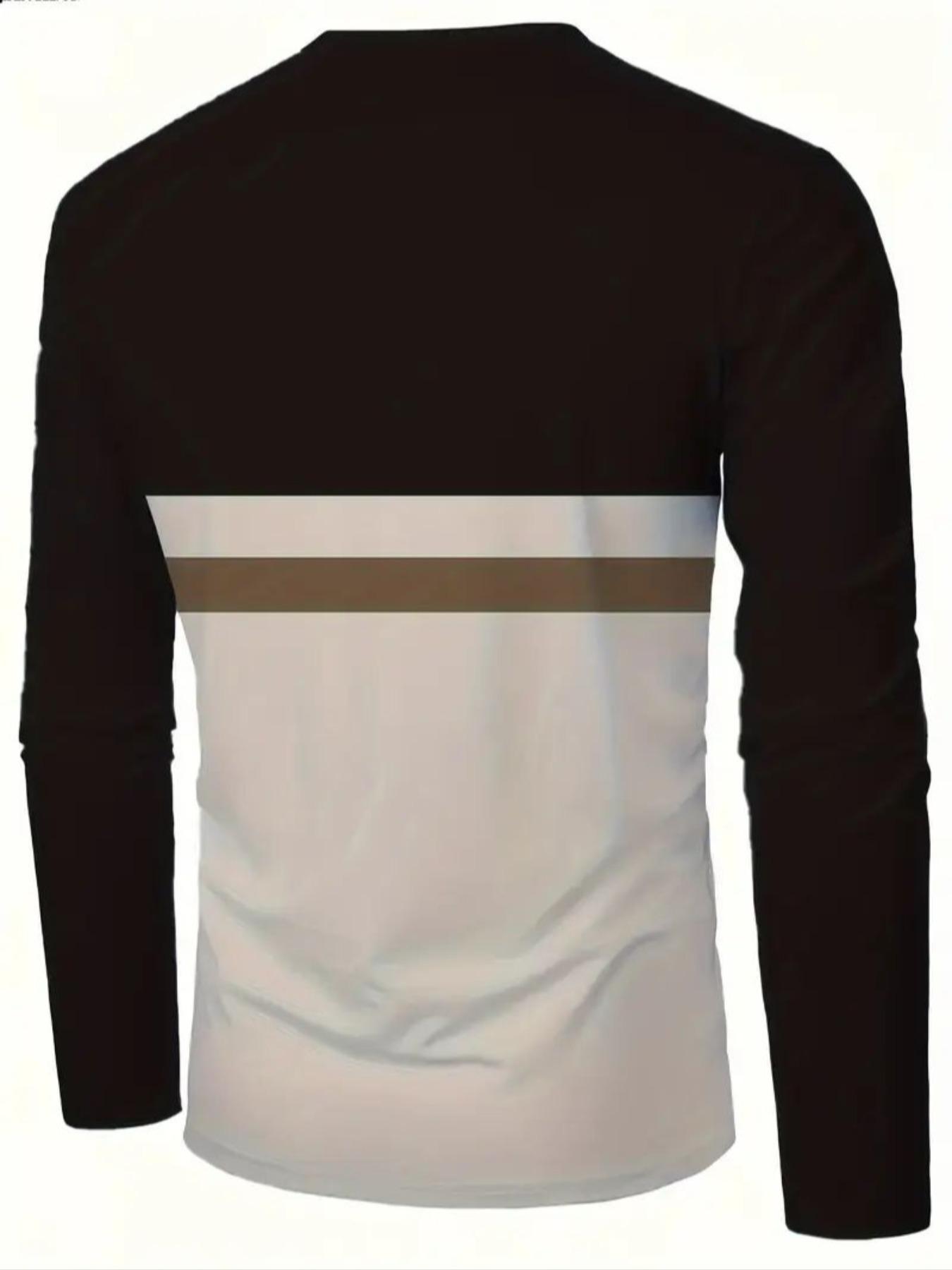 Men's Casual Long Sleeve Round Neck T-Shirt, Polyester Knit Fabric, Regular Fit, Striped Pattern, Fall & Winter Wear, Knitwear