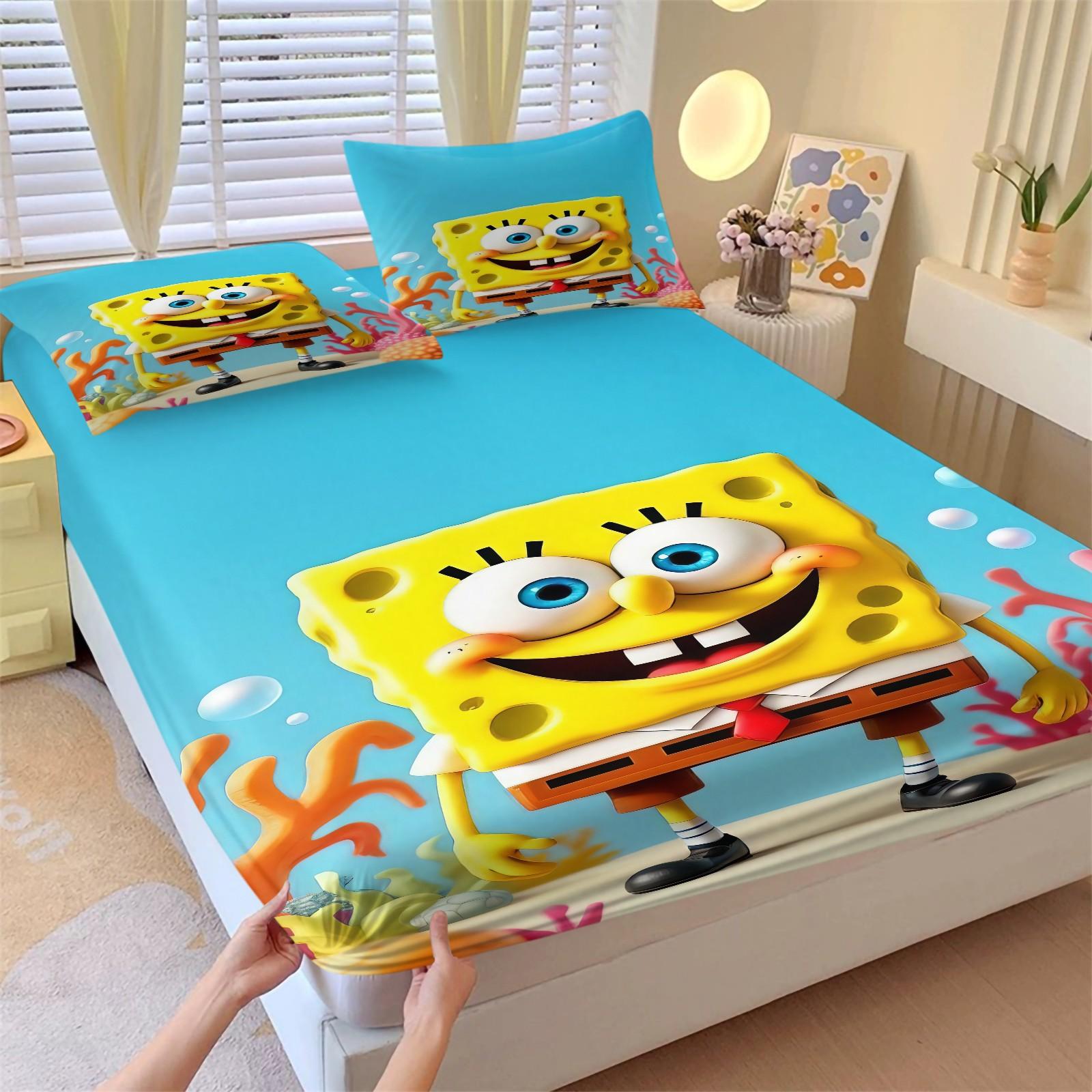 3 Piece Spongebob Pattern Fitted Sheet Set, Soft And Durable Bedding Set Includes 1 Piece Flat Sheet And 2 Pieces Pillowcases, Daily Holiday Birthday Gift Bedroom Decorations For Kids And Adults