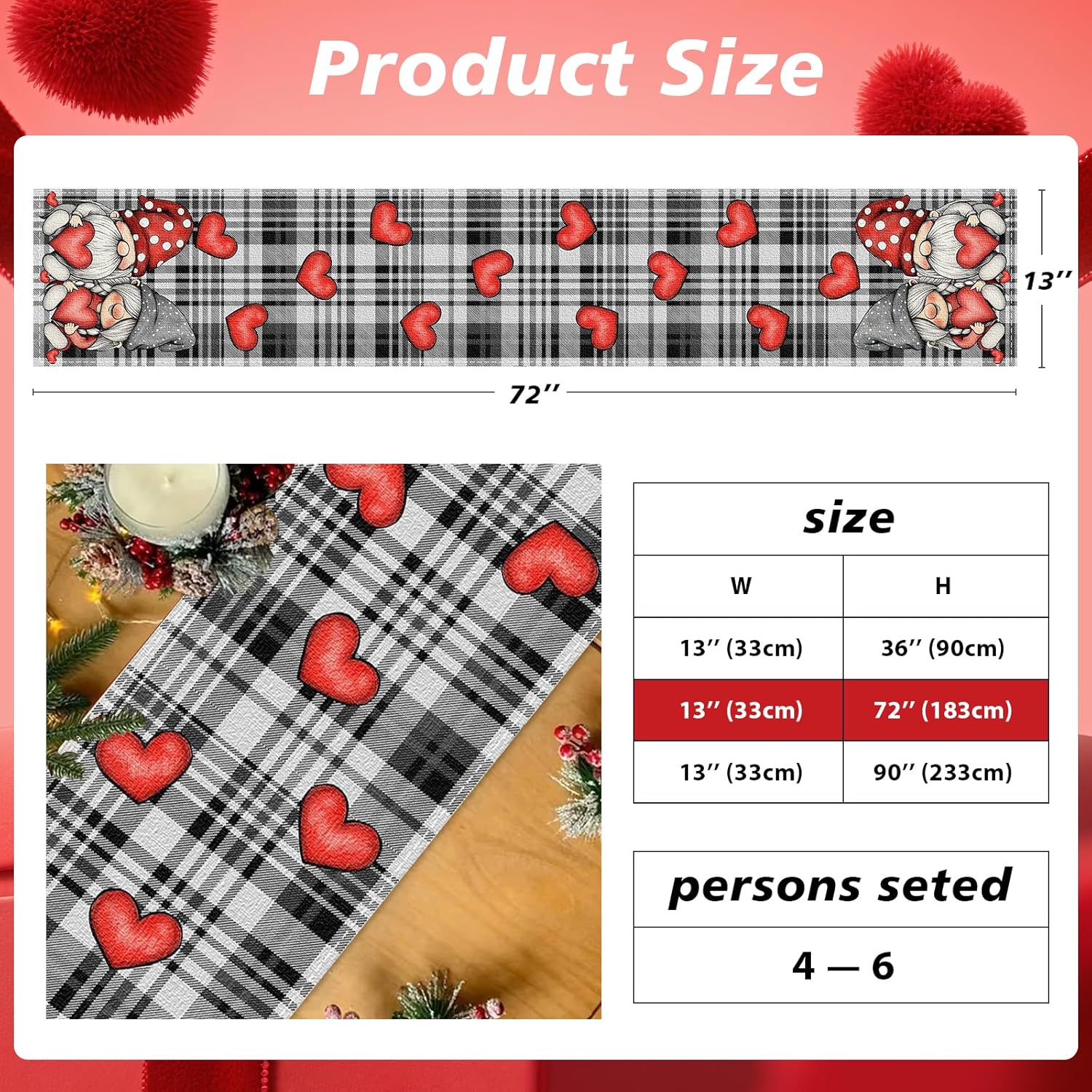 Linen Valentine's Day Table Runner with , 13x72 Inch Buffalo Check Hearts Decor, for Wife, Anniversary, Wedding, or Spring
