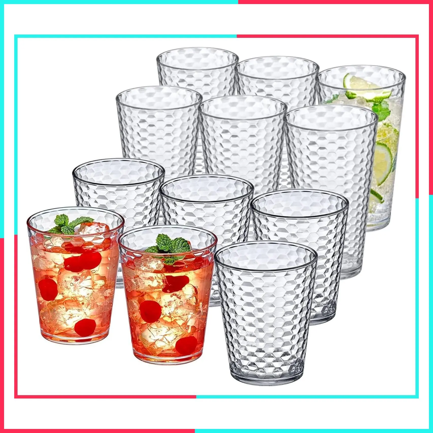 16-Ounce and 24-Ounce Tumblers Set of 12, Clear Reusable Plastic Cups, Stackable, BPA-Free, Shatter-Proof, Dishwasher-Safe
