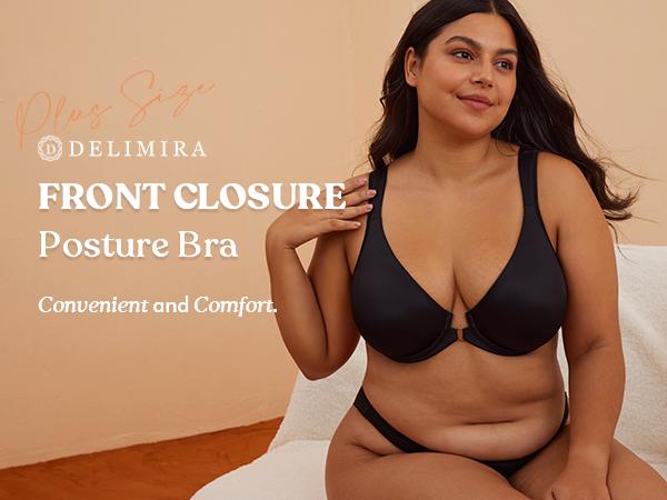DELIMIRA Women's Front Closure Bras Posture Full Coverage Plus Size Underwire Unlined Back Support Plunge Seamless Bra B-H SpringStatements