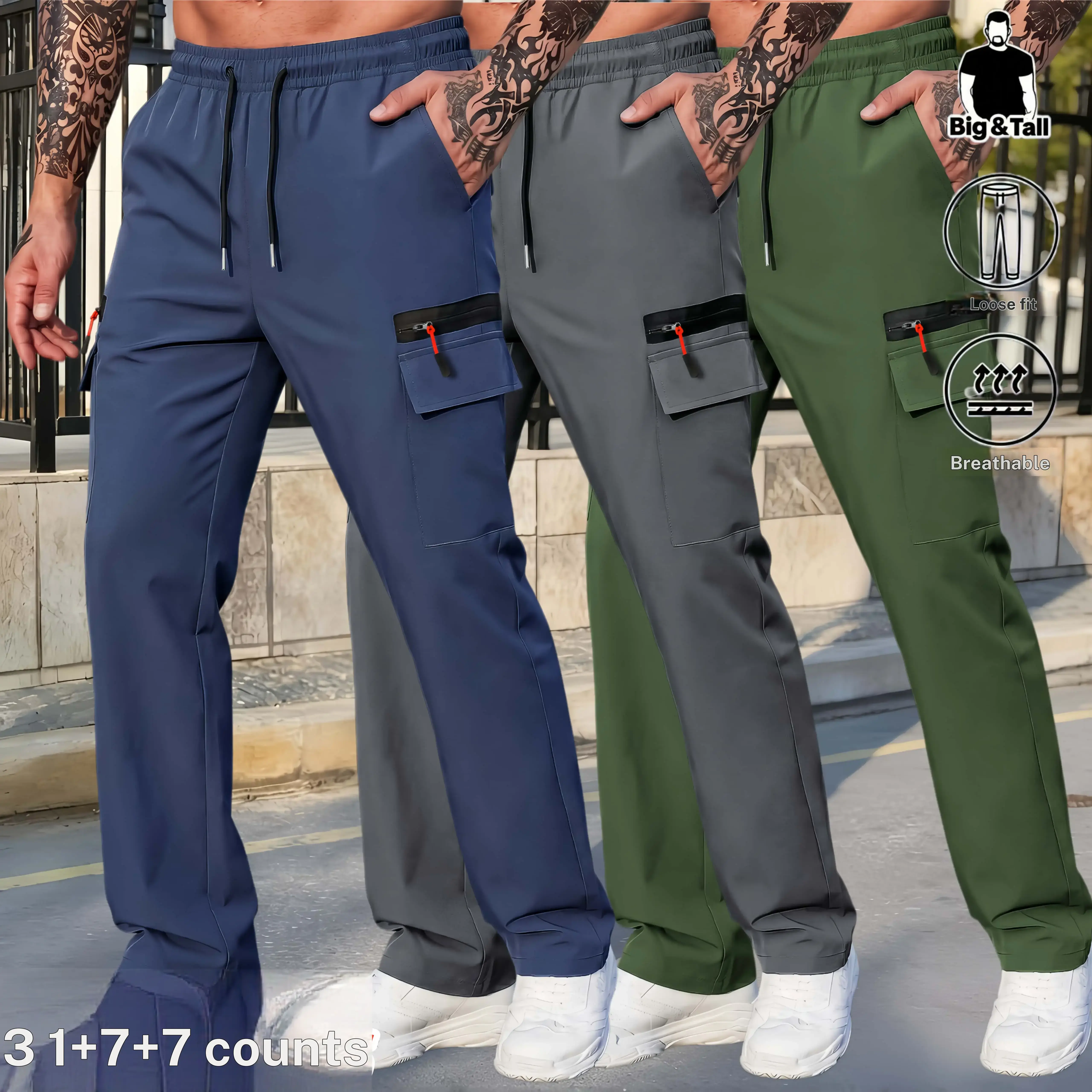 Male Plus Size 3 Pack Quick Dry Cargo Joggers Lightweight, Breathable, Stretch Athletic Wear with Multiple Zippered Pockets, Elastic Waist, Loose Fit for Outdoor Hiking, Summer Casual Travel Utility Work Pants, Cargo Pants, Zip Pockets