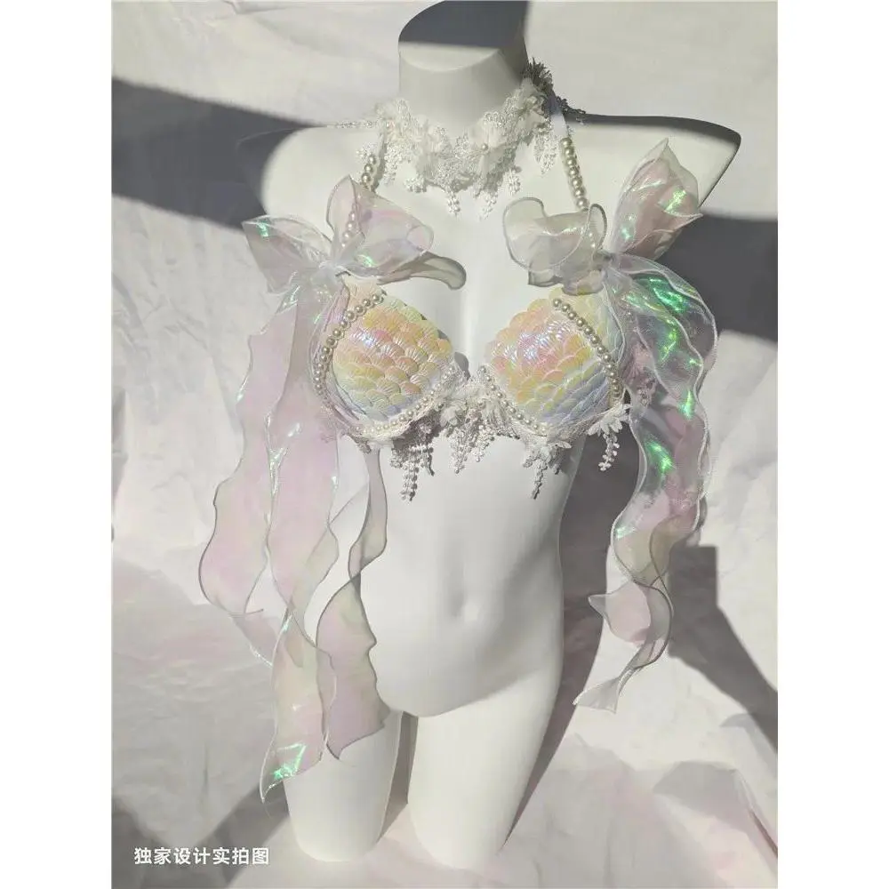 RM Handmade Mermaid Sequin Shell Bikini Top Bra Oceanarium Bar Table Performance Costume Fishtail Leather