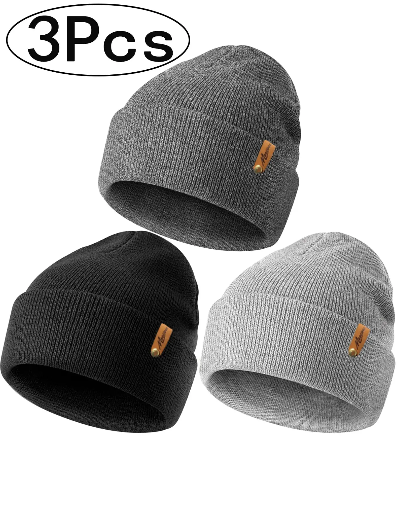 3Pcs-Pure Color Fall & Winter Knit Hat, Casual Fitted Design, Warm Windproof Ear Protection, Unisex Outdoor Use, Plain Style, Winter Warm Beanies