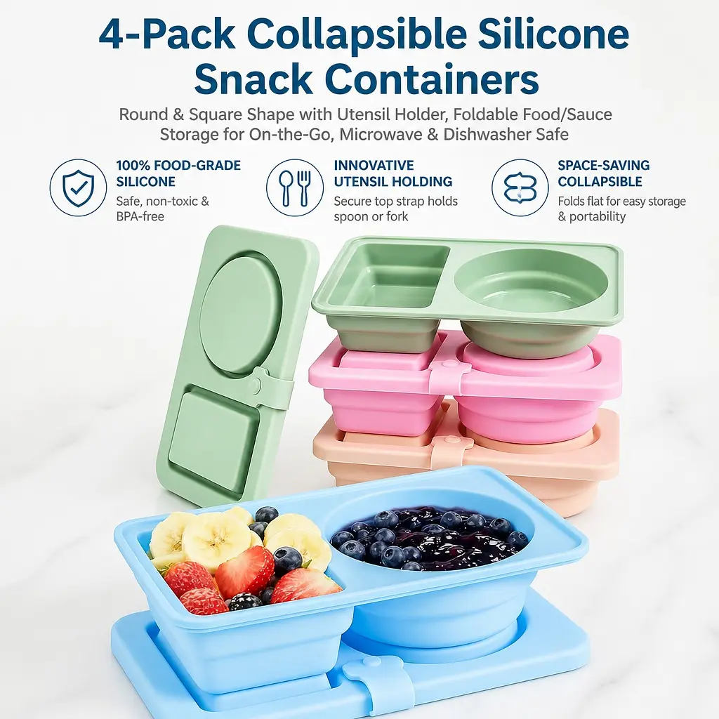 Littleox 4-Pack Collapsible Silicone Snack Containers - 4 Pieces Round/Square, Leakproof, Foldable, Generous Size Food Storage Cups, Cute Colors Bento Lunch Boxes for On-the-Go Commute, Four Pieces