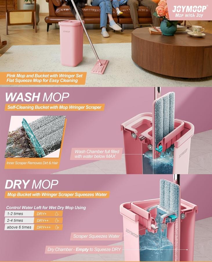JOYMOOP Pink Mop and Bucket with Wringer Set for Home, with 3 Reusable Microfiber Mop Pads, Hands-Free Self-Cleaning System, Suitable for Floor Cleaning and Wall Cleaner