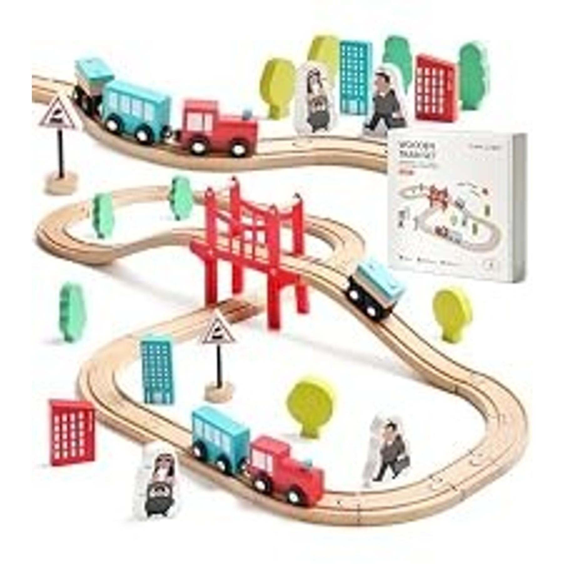 110pcs Wooden Train Set with Folding Storage Box, Wooden Train Track Toy for Kids Ages 3-7, Includes Character Figures for Imaginative Play