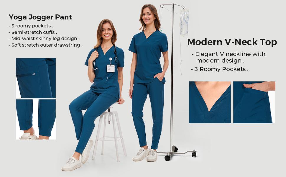 COZYFIT Medical Scrubs for Women Clara Air Set - Curved V-Neck Scrub Top & Jogger Pants with 8 Pockets COZYFIT Medical Scrubs for Women Clara Air Set - Curved V-Neck Scrub Top & Jogger Pants with 8 Pockets