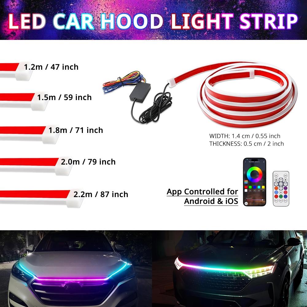 APP-Controlled RGB Dynamic LED Car Hood Light Strip, 1 Count Dynamic Scan Start Up Light Strip with Instruction & Remote Controller, Waterproof Flexible Car Lights, LED Car Ambient Light