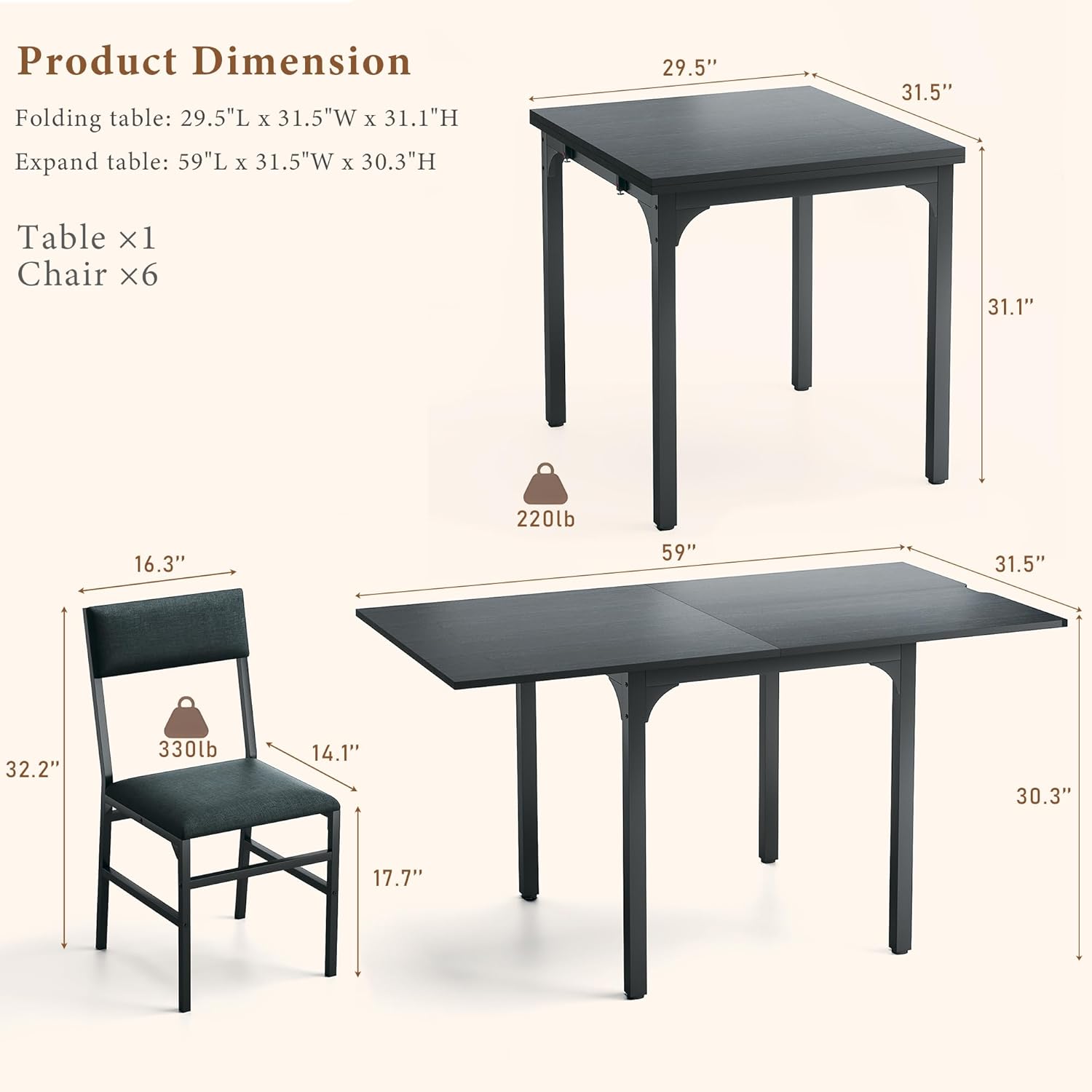 7-Piece Dining Table Set for 4-6, Extendable Kitchen Table Cushion Chairs Set of 6 with 6 Chairs, Rectangle Dining Table with Metal Frame & MDF Board, Folding for Small Apartment Saving Space, Black 7-Piece Dining Table Set for 4-6, Extendable Kitchen Table Cushion Chairs Set of 6 with 6 Chairs, Rectangle Dining Table with Metal Frame & MDF Board, Folding for Small Apartment Saving Space, Black