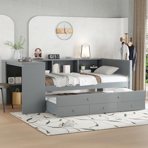 【Bellemave】Twin /FullSize Daybed with Trundle, Wood Day Bed Frame with Storage Drawers and Side Shelves, Daybed with Desk, No Spring Box Needed, White