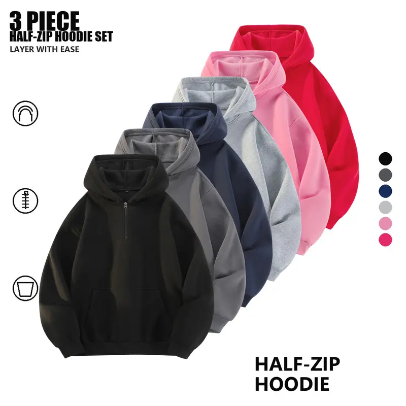 Men's 3-Piece 2+1 Color Multipack Oversized Cut Half-Zip Hoodies, Relaxed Loose Fit Long Sleeve Hooded Casual Wear Sweatshirts with Kangaroo Pocket, Sizes S-XXL, Everyday Layering, Solid Plain