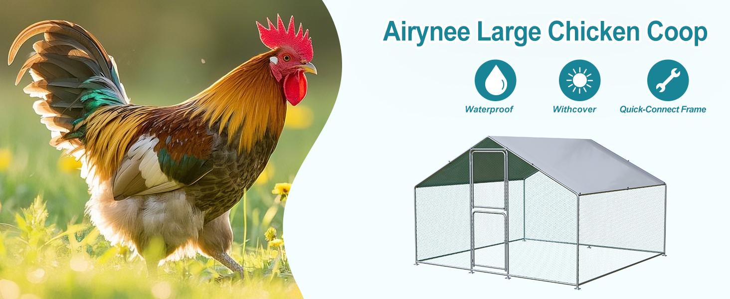 Chicken Coop Large Metal Chicken Run for 6/10 Chickens Poultry Cage with Waterproof Cover for Duck Walk-in Chicken Pen for Yard