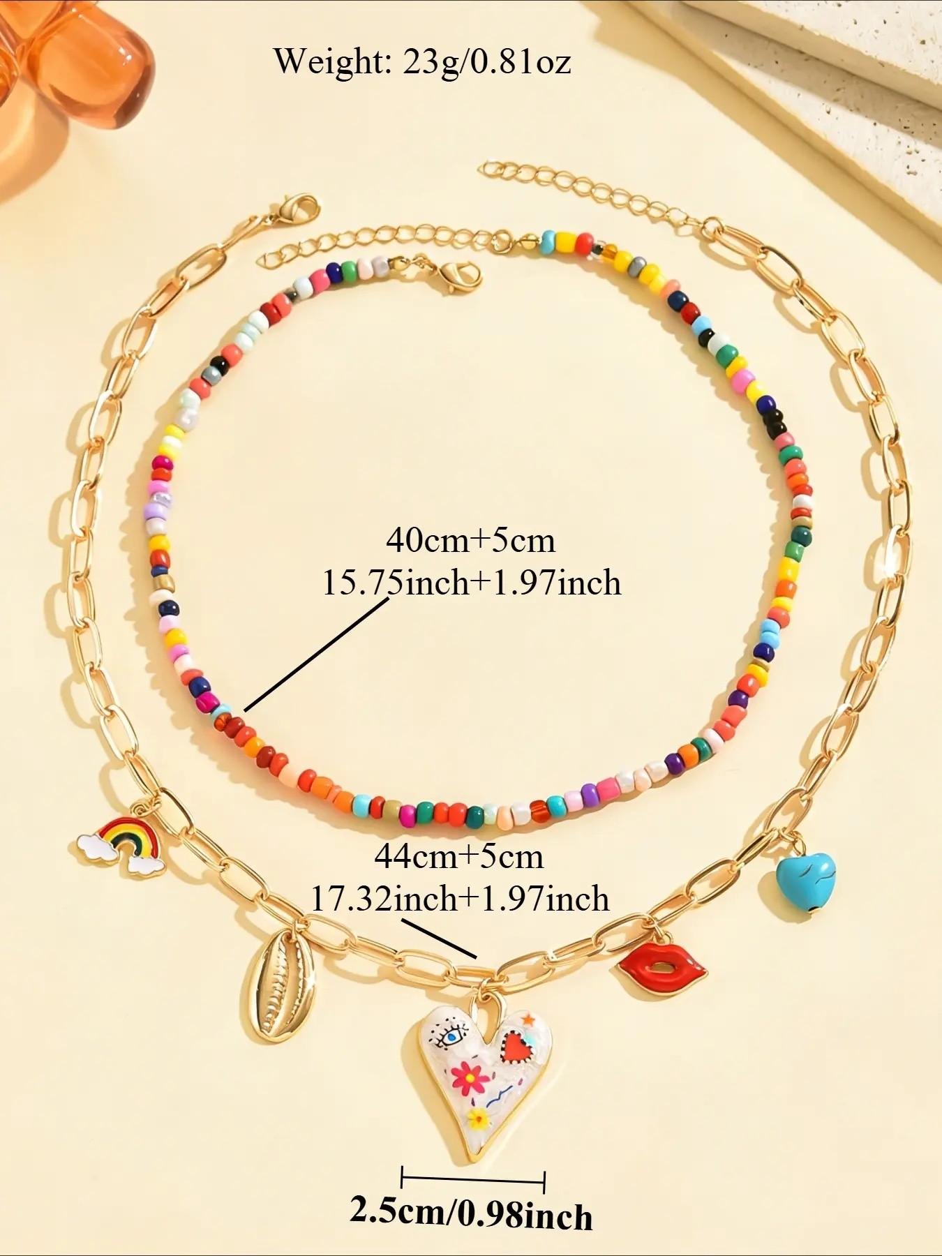 2pcs Y2K Colorful Beaded Layered Alloy Pendant Necklace Set, Bohemian Graffiti Heart Rainbow Multi-Charm, Fashionable Women's Jewelry