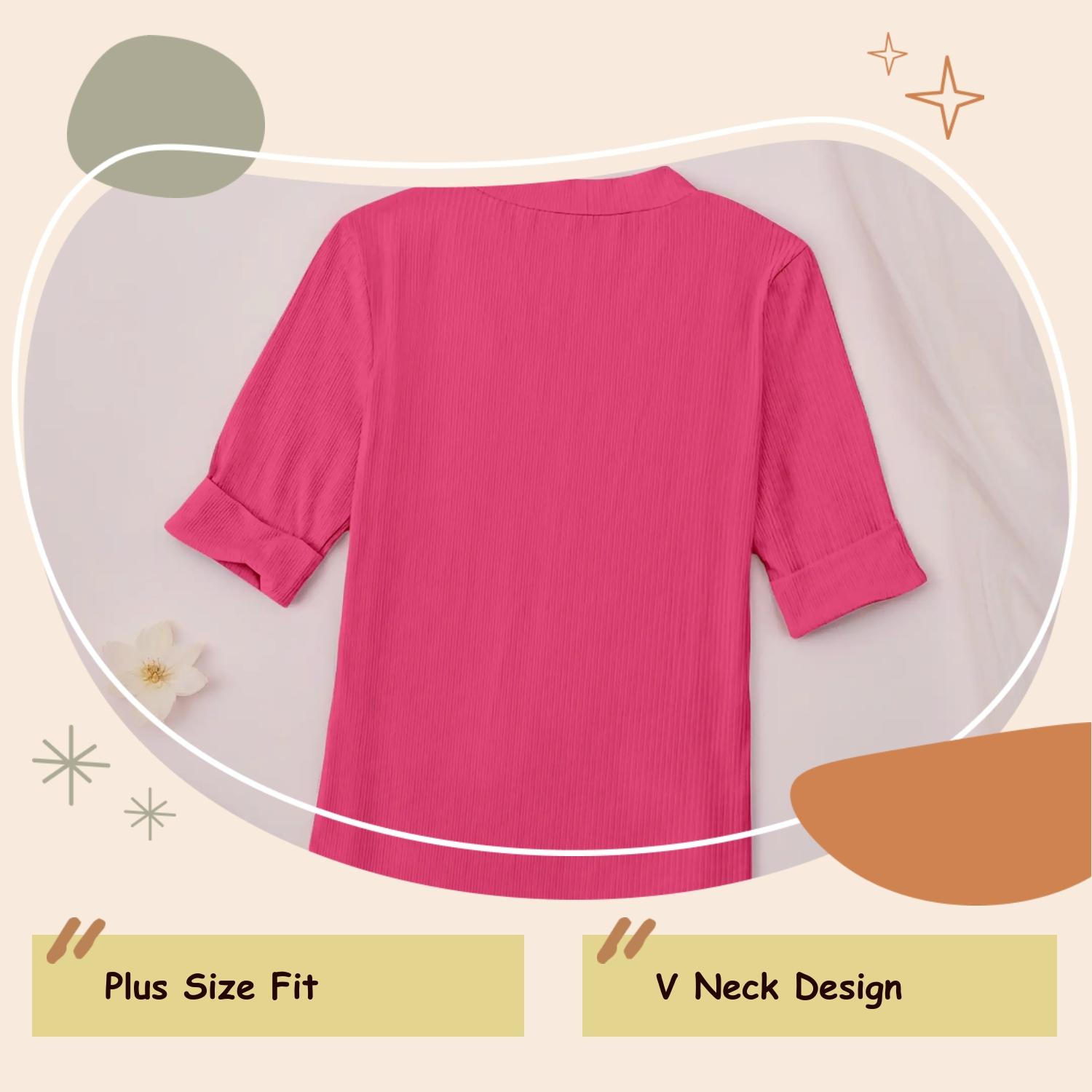 Plus Size Solid V Neck Roll Up Sleeve Tee, Casual T-shirt , Women's Plus Clothing for Daily Wear, Cute Tops, Quality and Durability