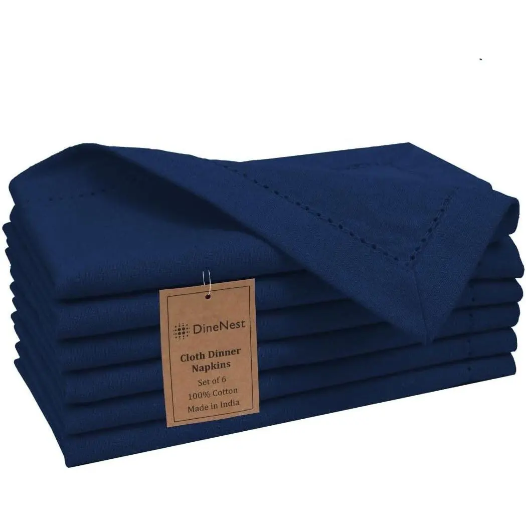 100% Cotton Hemstitch Dinner Napkins Set of 6, 18x18 in Washable Soft Durable Reusable Navy Blue for Dining, Weddings, Special Occasions