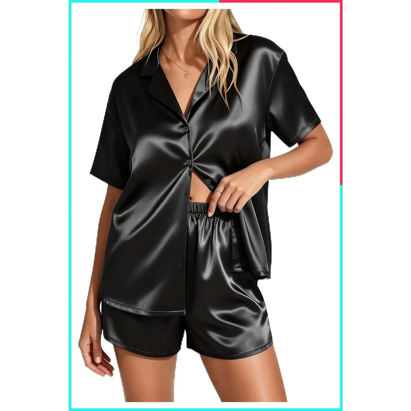 Women's Satin Pajama Set Short Sleeve Button Down Top and Shorts Silky Smooth Soft 2 Piece Loungewear for Bridal Getting Ready Wedding Party Daily Sleep