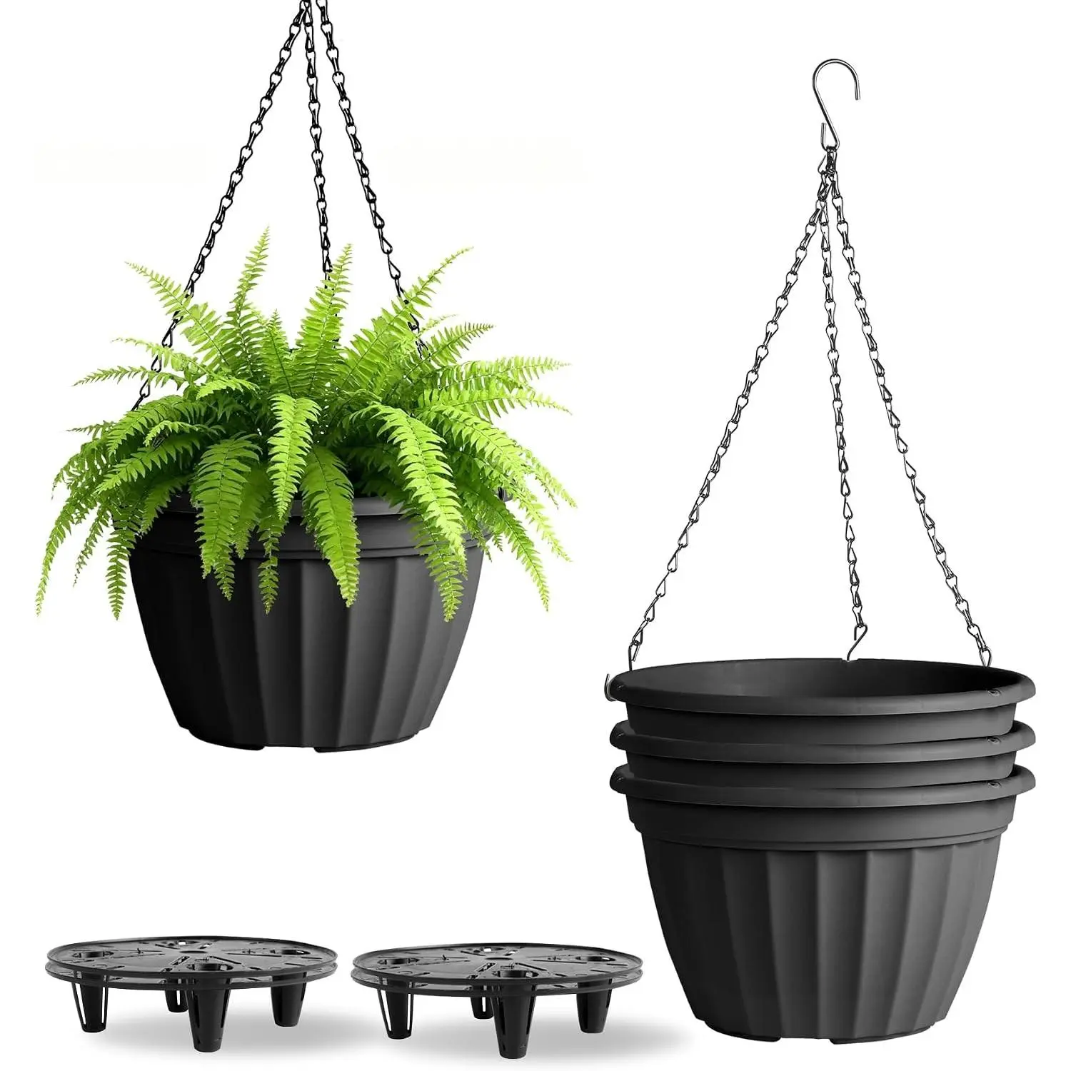Hanging Planters 10 Inch 4 Pack,Hanging Baskets for Plants Outdoor | Self Watering Plastic Hanging Flower Pots with Soil Elevator and 20" Chain for Home Garden Porch Balcony Patio Decor(Black)