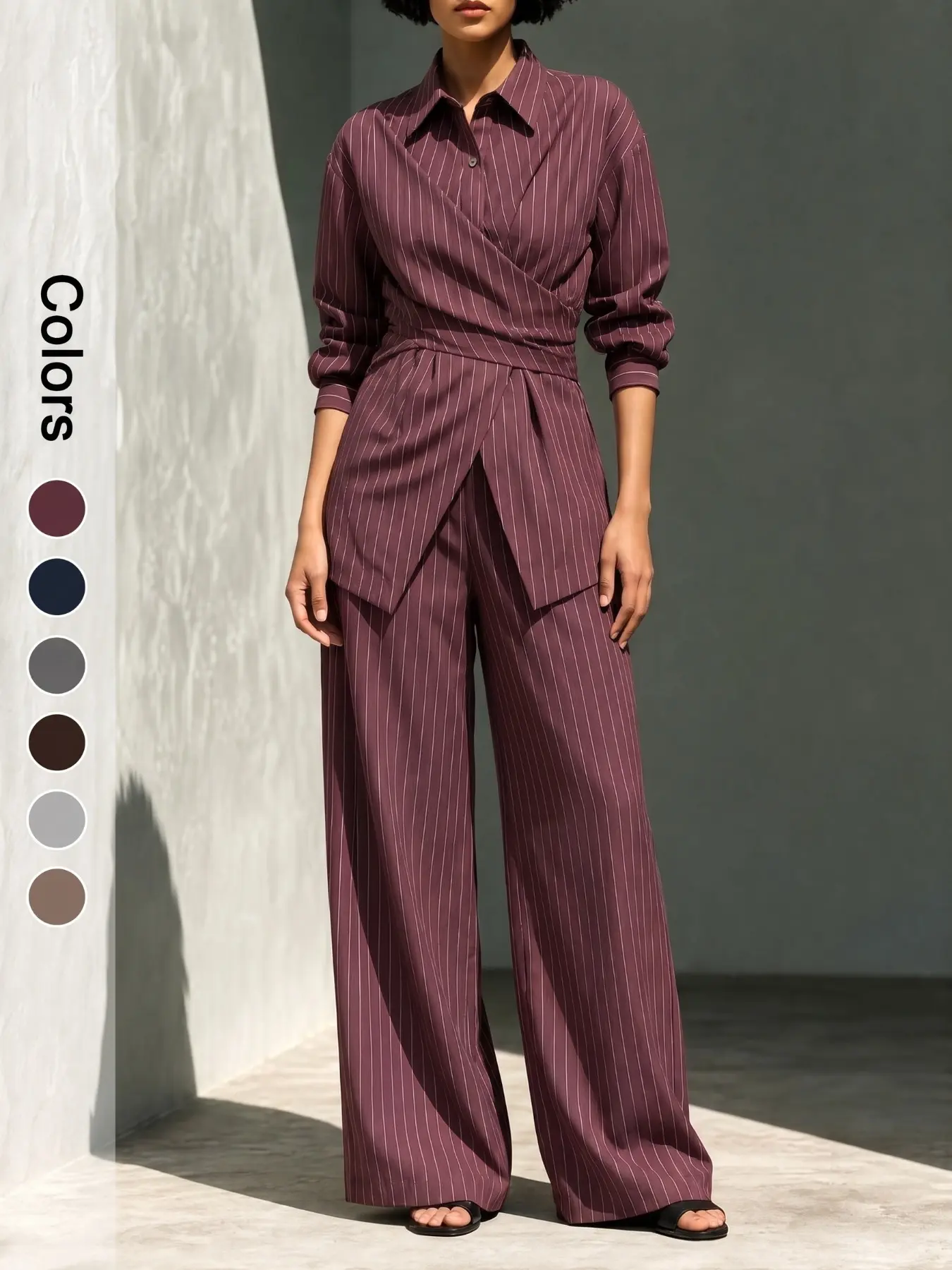 Women Elegant Lapel Long Sleeve Striped Dressy Casual Jumpsuit Waist Cinched Slim Fit One Piece Outfit Perfect For Office Daily Commute Business Casual Workwear