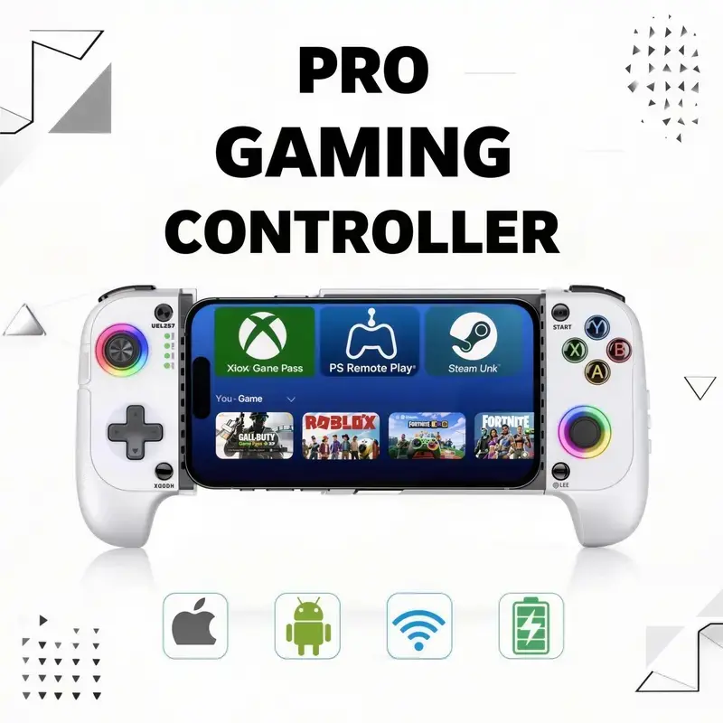 Huools Wireless Mobile Gaming Controller for 100-175mm Smartphones, Rechargeable Portable Controller for iPhone/Android/iPad, Hall Effect Joystick, Turbo, Low Latency Bluetooth, Phone Case Support, Gaming Accessories for Steam, Cool Gadgets Gifts for Him