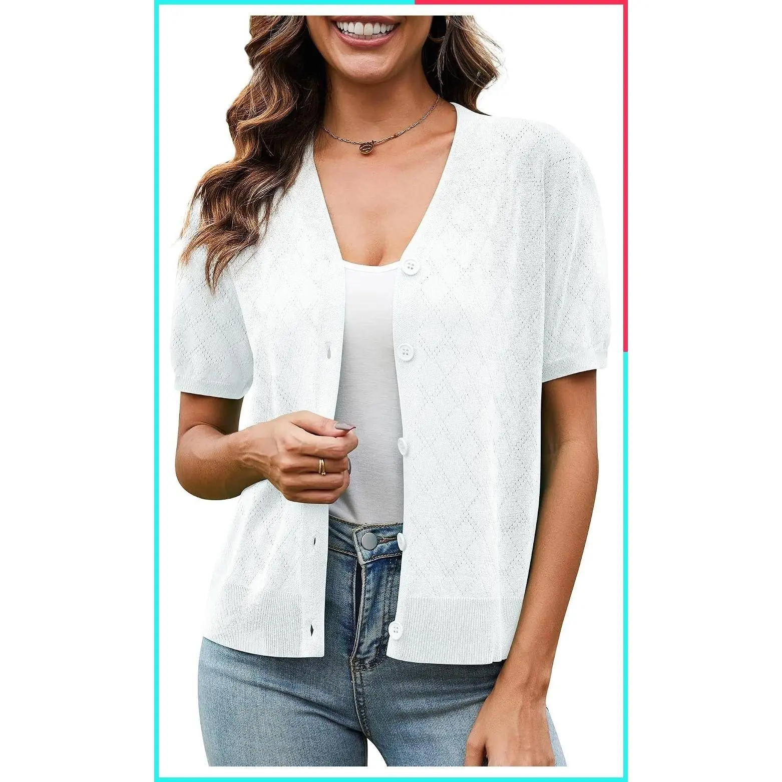 Women's Lightweight Crochet Knit Summer Cardigan, Short Sleeve V Neck Button Down Open Front Cropped Bolero Shrug