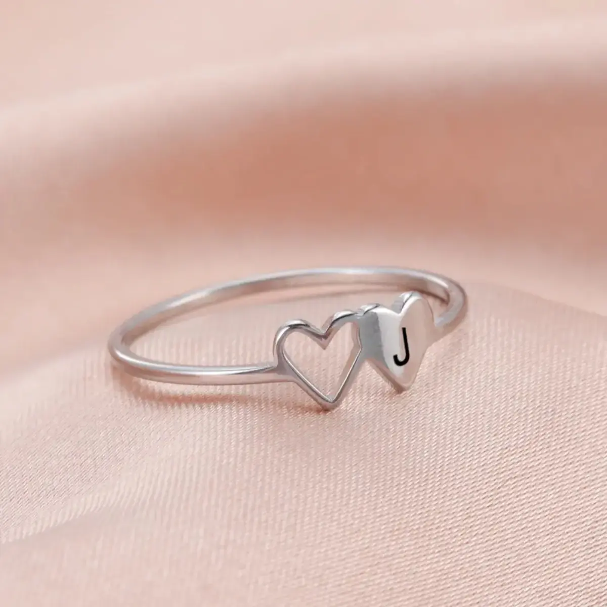 Unisex 26-Letter Initial Ring, Adjustable Stainless Steel Double Heart Open Ring with Personalized Letter Charm, Minimalist Stackable Jewelry for Women & Men, Cute Everyday Accessory for Couples, Friends, Birthdays, Anniversaries & Gifts