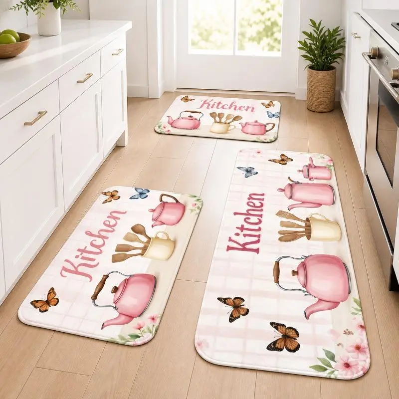 1pc 2D Flat Printing Pink Kitchen Utensils Butterfly Diatomaceous Earth Floor Mat Set – Soft Thickened Non-Slip Indoor Carpet for Kitchen Bathroom Bedside Entrance, Easy to Clean Long Runner Rug